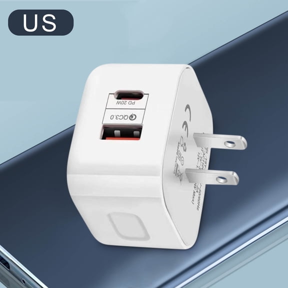 20W Fast Charger, 20W USB C Wall Charger, 2-Port PD Power Delivery Fast Charging Block with QC 3.0, Dual Port USB-A and Type C Plug Adapter for Tablet, Smart Chip Safety Protection