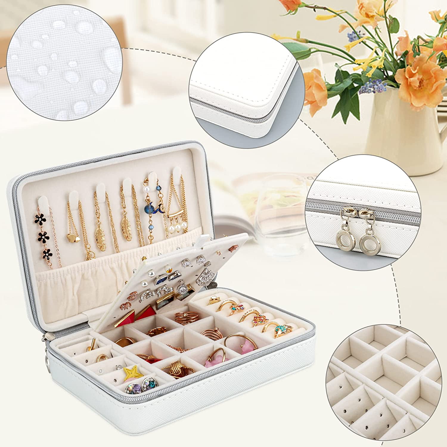RUseeN Travel Jewelry Box, Upgraded Travel Jewelry Case, Portable Jewelry  Boxes for Women, PU Leather Jewelry Box, Travel Jewelry Organizer for  Necklaces, Rings, Earrings, Bracelets, White 