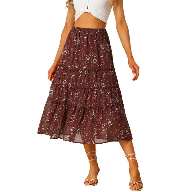 Allegra K Women's Floral Print Elastic Waist Ruffle Maxi Tiered Skirt ...