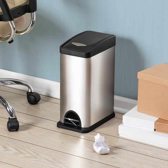 Honey-Can-Do 2.1 Gallon Stainless Steel Rectangular Indoor Step Trash Can, Silver/Black