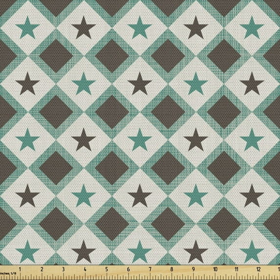 Abstract Upholstery Fabric by the Yard, Repeating Retro Stars Squares Geometrical Argyle Inspired Symmetrical Pattern, Decorative Fabric for DIY and Home Accents, Taupe and Teal by Ambesonne