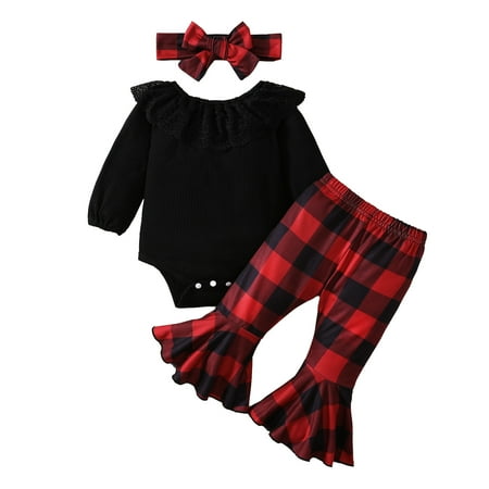 

Toddler Outfit Sets For Teens Baby Unisex Cotton Plaid Autumn Long Sleeve Pants Romper Bodysuit Bell Bottom Headbands Kids Clothes Suit