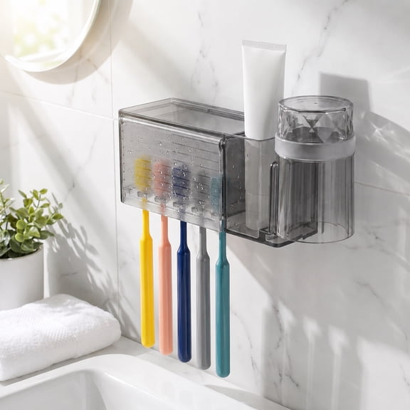 Toothbrush Holders for Bathrooms Wall Mounted, Self Adhesive Tooth Brush Holder with Cover, Toothpaste Toothbrush Organizer Box for Family Dorm (Gray) 7.28 × 2.76 × 2.20 in