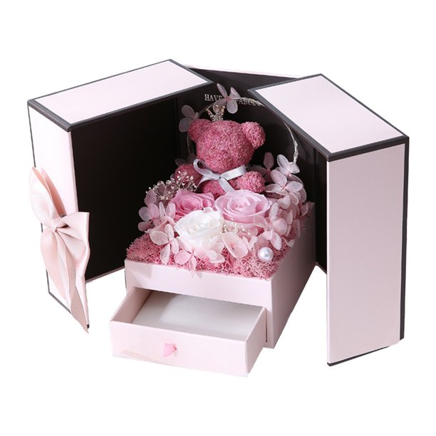 Día de San Valentín, cumpleaños, cajón de rosas con luces, caja de regalo de flores eternas de doble puerta