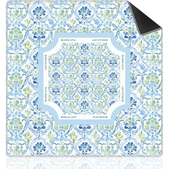 Chinoiserie Blue and Green Floral Mahjong Mat 31.5"x31.5" - Grandmillennial Flower Non-Slip Noise Reduction Gaming Mat for American Mahjong, Poker, Card Games, Board Games & Dominoes