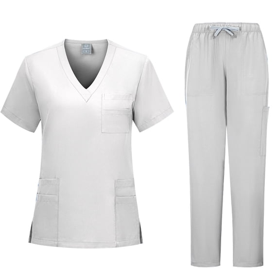 Dagugfen Scrub Sets for Women V Neck Short Sleeve Tops Drawstring Straight Leg Pants Breathable Comfy Nursing Workwear Uniform Sets(XL,White)