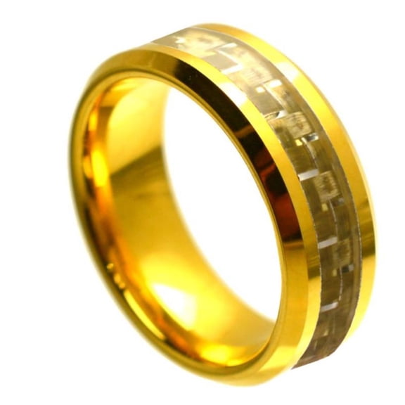 8mm Yellow Gold Tone IP Plated High Polished with Golden Carbon Fiber Inlay Beveled Edge Wedding Band Ring For Men Or Ladies