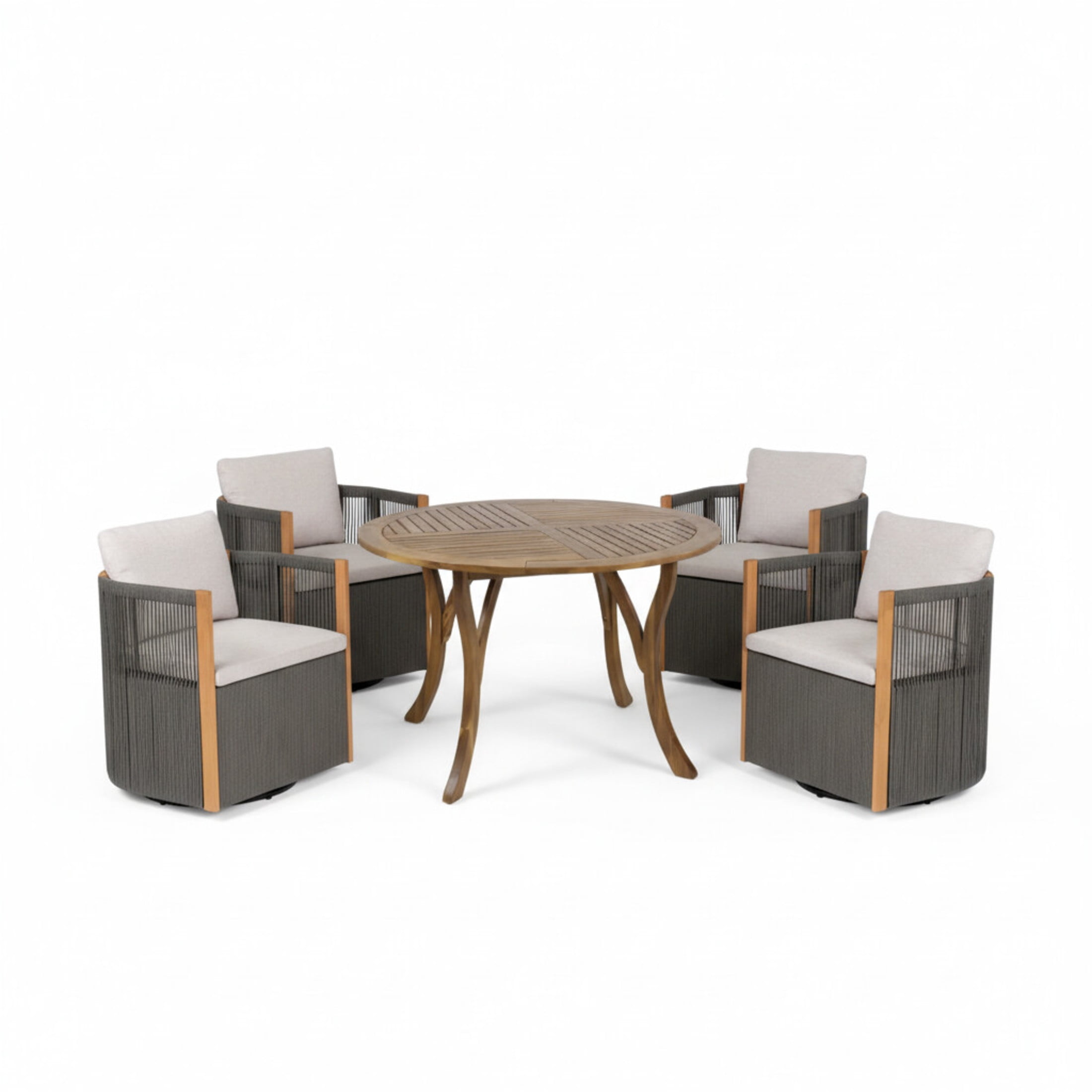Christopher Knight Home 5 Piece Patio Dining Set, Swivel Rope Chairs and Round Table with Curved Legs, Gray