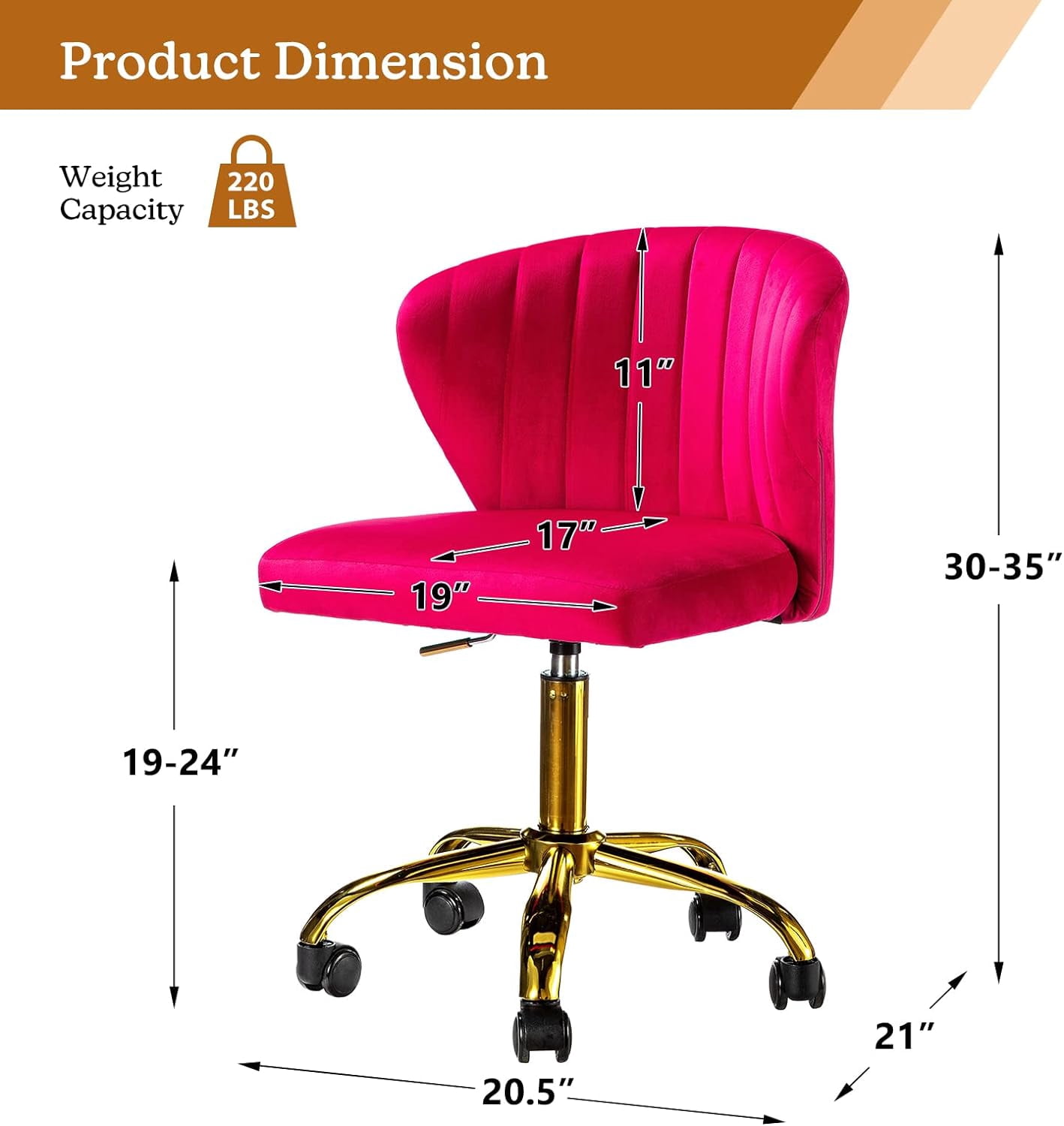 Office Desk Chairs with Wheels & Gold Base, Modern Velvet Cute Armless Office Chair, Adjustable Low Back Swivel Rolling Chair, Upholstered Task Chair for Living Room Vanity Study-Fushia
