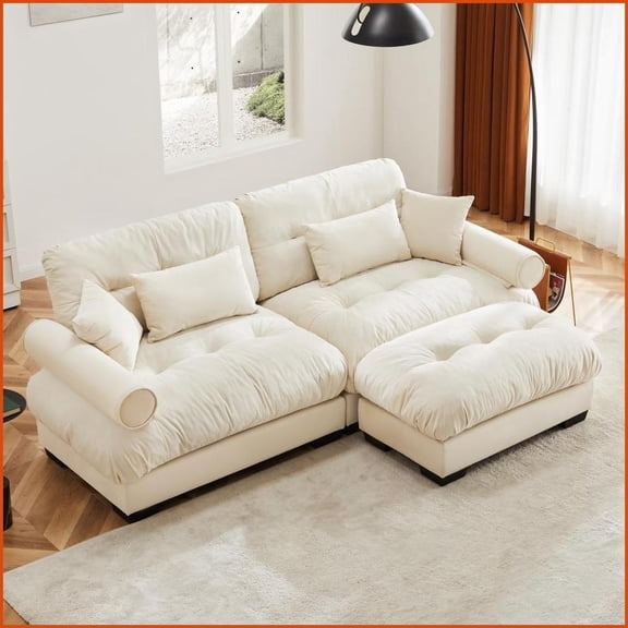 Modern Two-Seater Velvet Sofa with Pillows | Round Armrests | Living Room/Bedroom - Cream