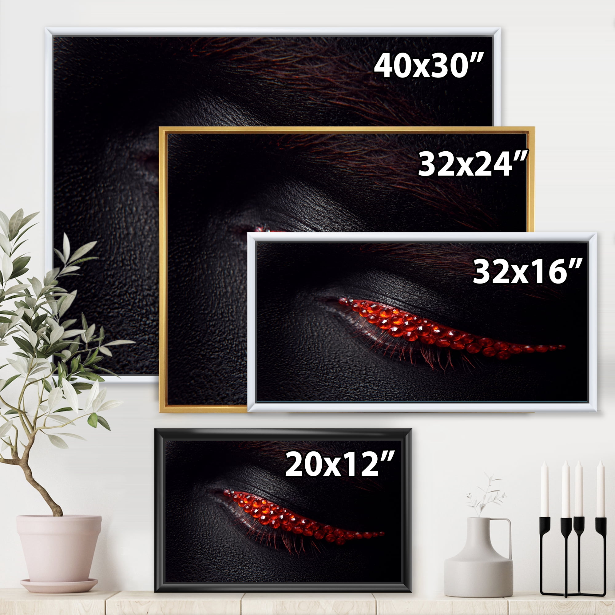 Designart 'Beautiful Black Skin Female Eye With Red Diamonds' Modern Framed Canvas Wall Art Print
