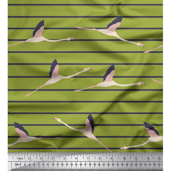 Soimoi Green Rayon Crepe Fabric Flying Flamingo & Stripe Print Fabric by the Yard 46 Inch Wide