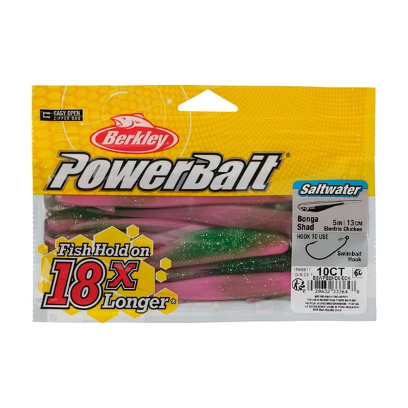 Berkley PowerBait® Saltwater Bonga Shad, 5 in, Jerkbaits, Electric Chicken (10-count)