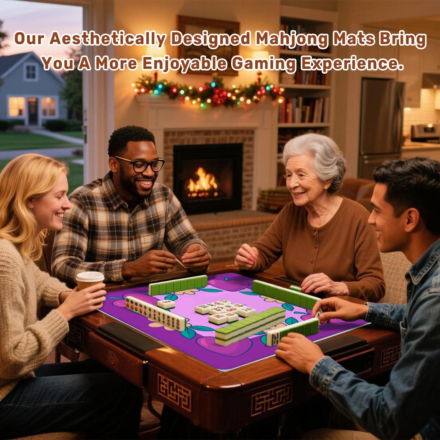 Mahjong Mat 31.5" x 31.5" Colorful Heart Flower Frame Geometric Center Anti-Slip and Noise Reduction Symmetry Design Mahjong Tiles Table Cover for Dominoes Poker Card Board and Tile Games