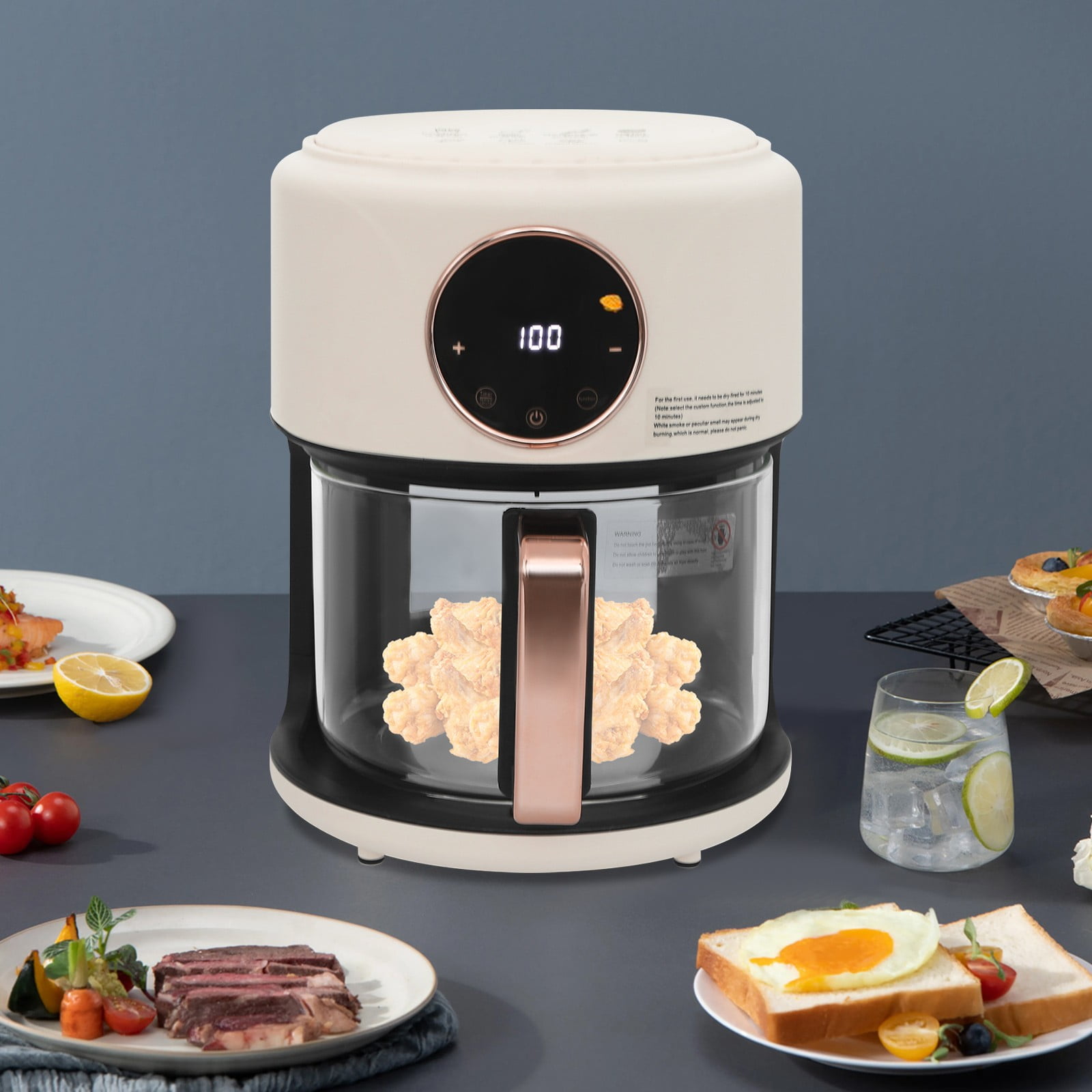 ToppiJoy 4.2L Mini Glass Air Fryer, 360° Viewable Touch Screen with Digital Display Adjustable Temperature Works Cookware French Fries (White)