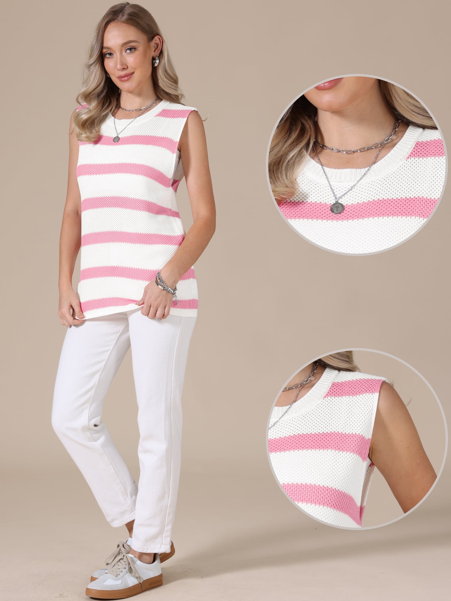 DARING DIVA Women's Crochet Tank Top Stripe Sleeveless Hollow Out Vest S Pink White