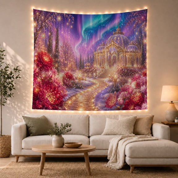 Golden Pavilion in Enchanted Snowy Garden with Aurora Sky, Dreamy Fantasy Style for Nature Lovers, Magical Home Decor, Housewarming Gift Tapestry Wall Hanging for Living Room and Bedroom