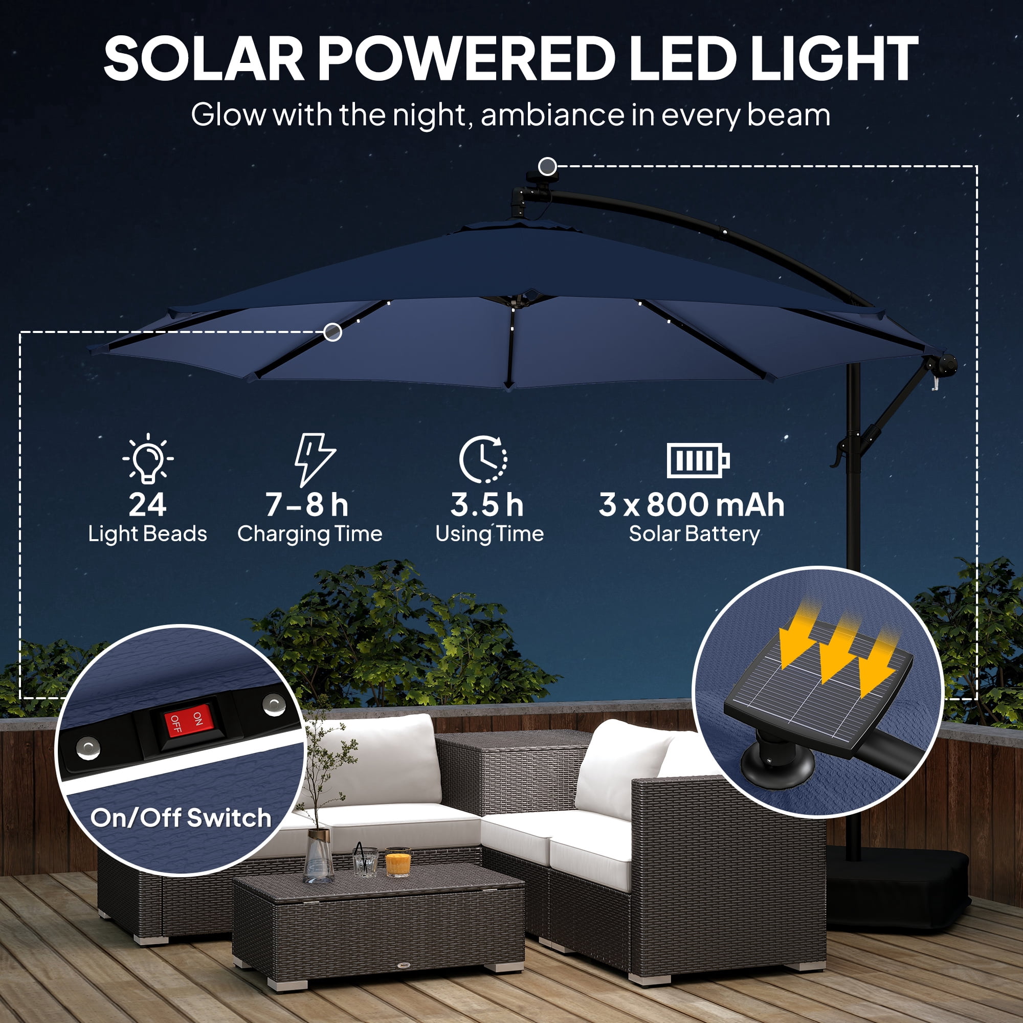 Outsunny 10 ft Cantilever Patio Umbrella with Solar LED Light, Sandbag Weight, Offset Hanging Outdoor Umbrella with Protective Cover, Dark Blue