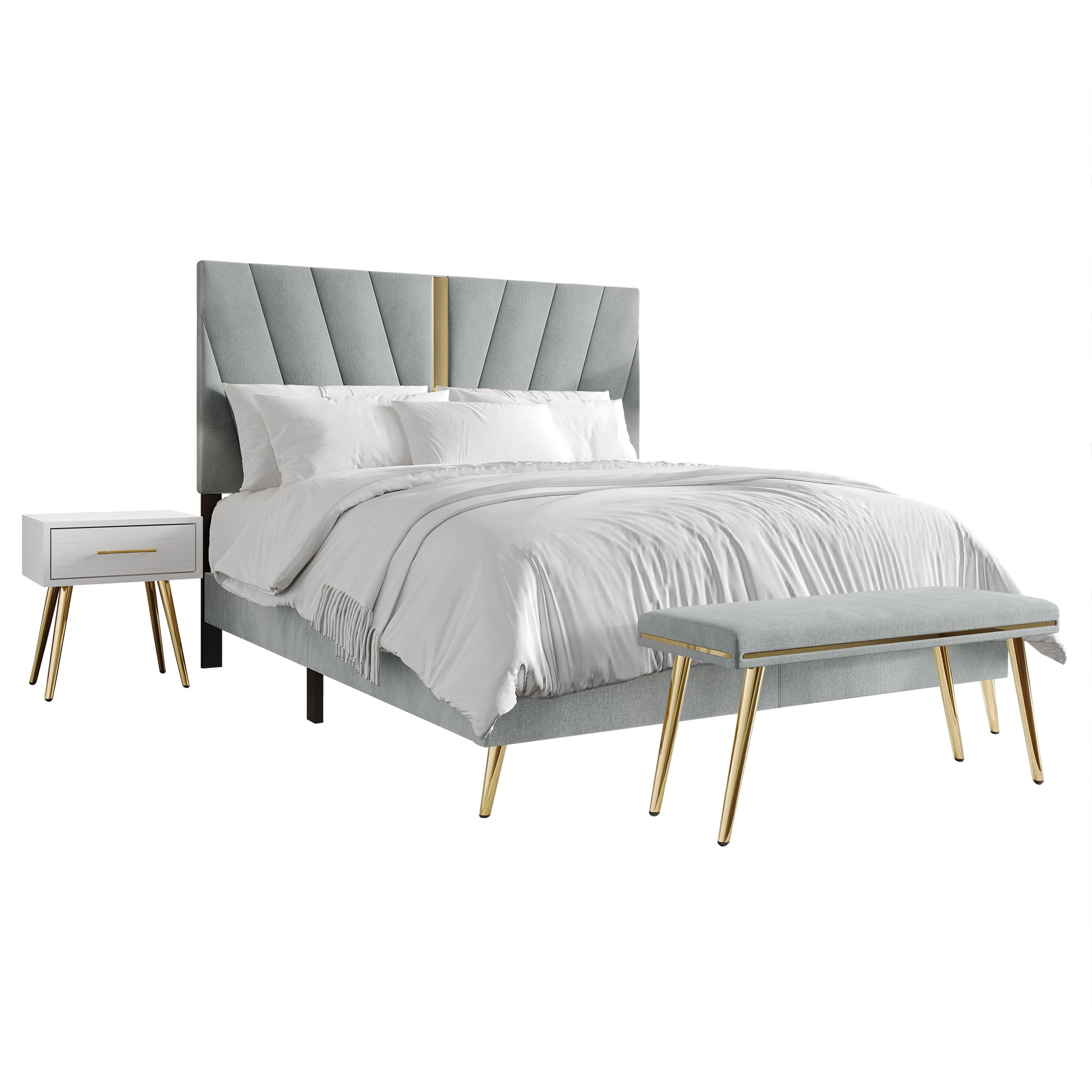 Castle Place Contemporary Velvet Queen Upholstered Bed with 2 Nightstand and Bench, Silver Grey