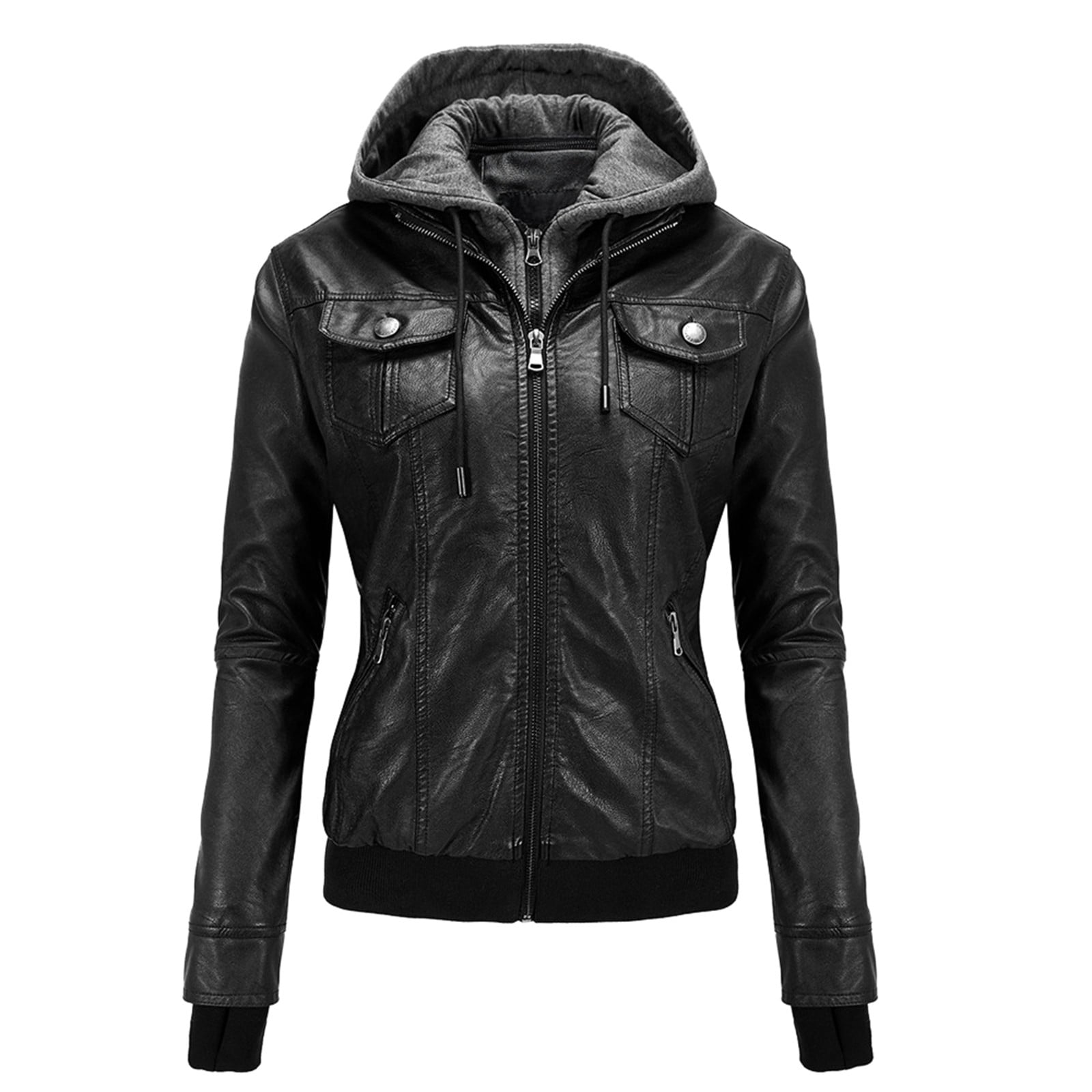 Dpytoraw Women's Autumn/Winter Leather Jacket Short Cropped Hoodie