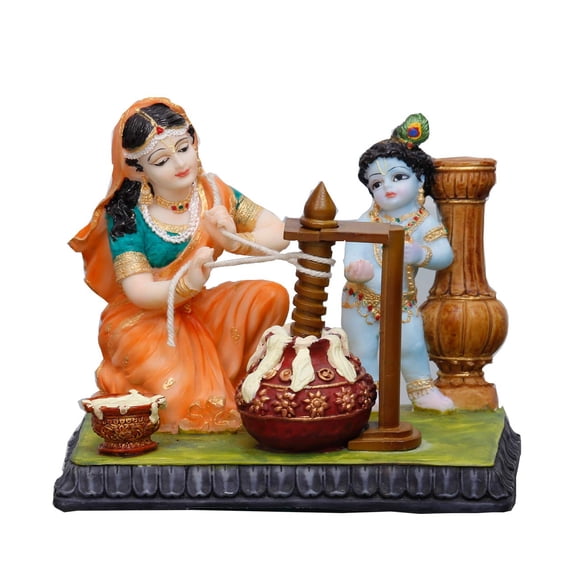 Sri Krishna Culture- Ma Yashoda Extracting Butter & Krishna Murti-Hindu God and Goddess Idol/Statue/Murti/Figurine(5.5")-Polyster Resin-Multicolour
