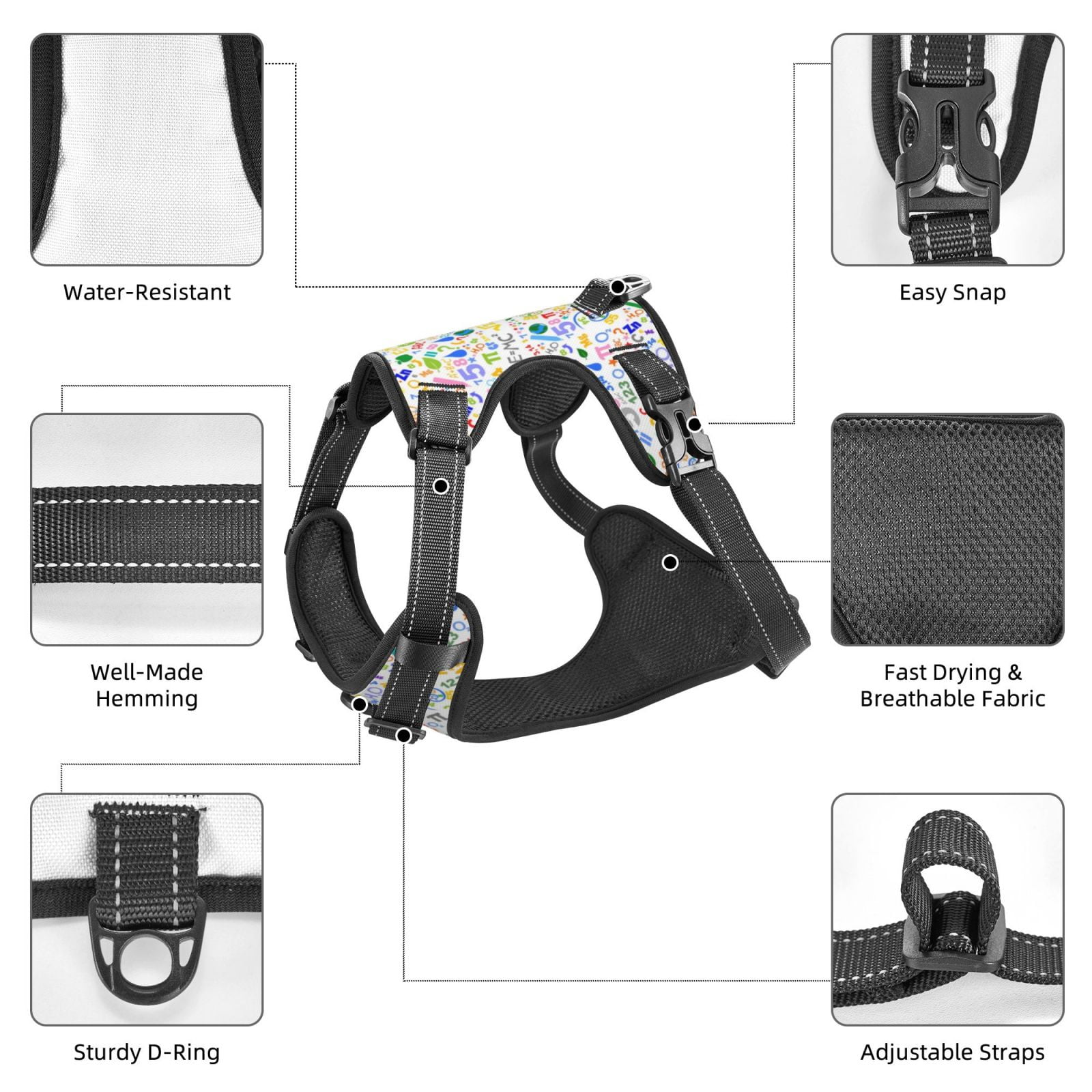 Vsdgher Education And Science Pattern Dog Harness,No Pull Pet Harness with Soft Padded Handle,Adjustable Reflective Vest with 2 Buckles,4 Slide Buckles,S-XL