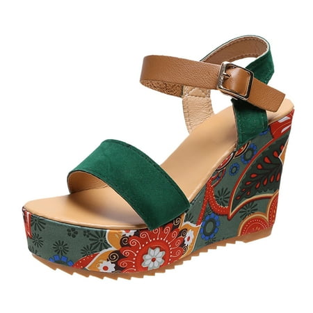 

Tangnade Casual Shoes Sandals Flower Women Toe Open Wedges Buckle Strap Summer Breathable Shoes Womens Wedges