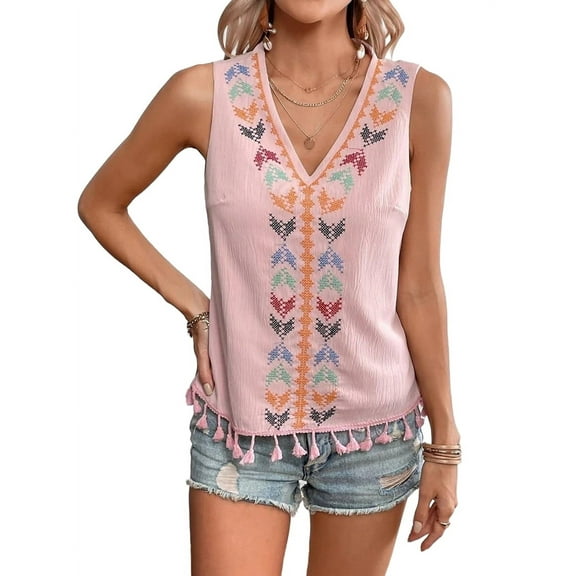 Deliqiba Women'S Casual Sleeveless V Neck Embroidered Graphic Print Tank Top Boho Tassel Hem Tops Pink XXL