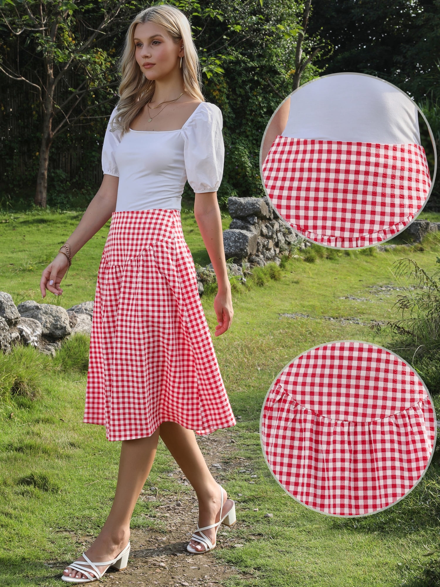 DARING DIVA Women's Summer Retro Below Knee Length Flared Skirts Large Red