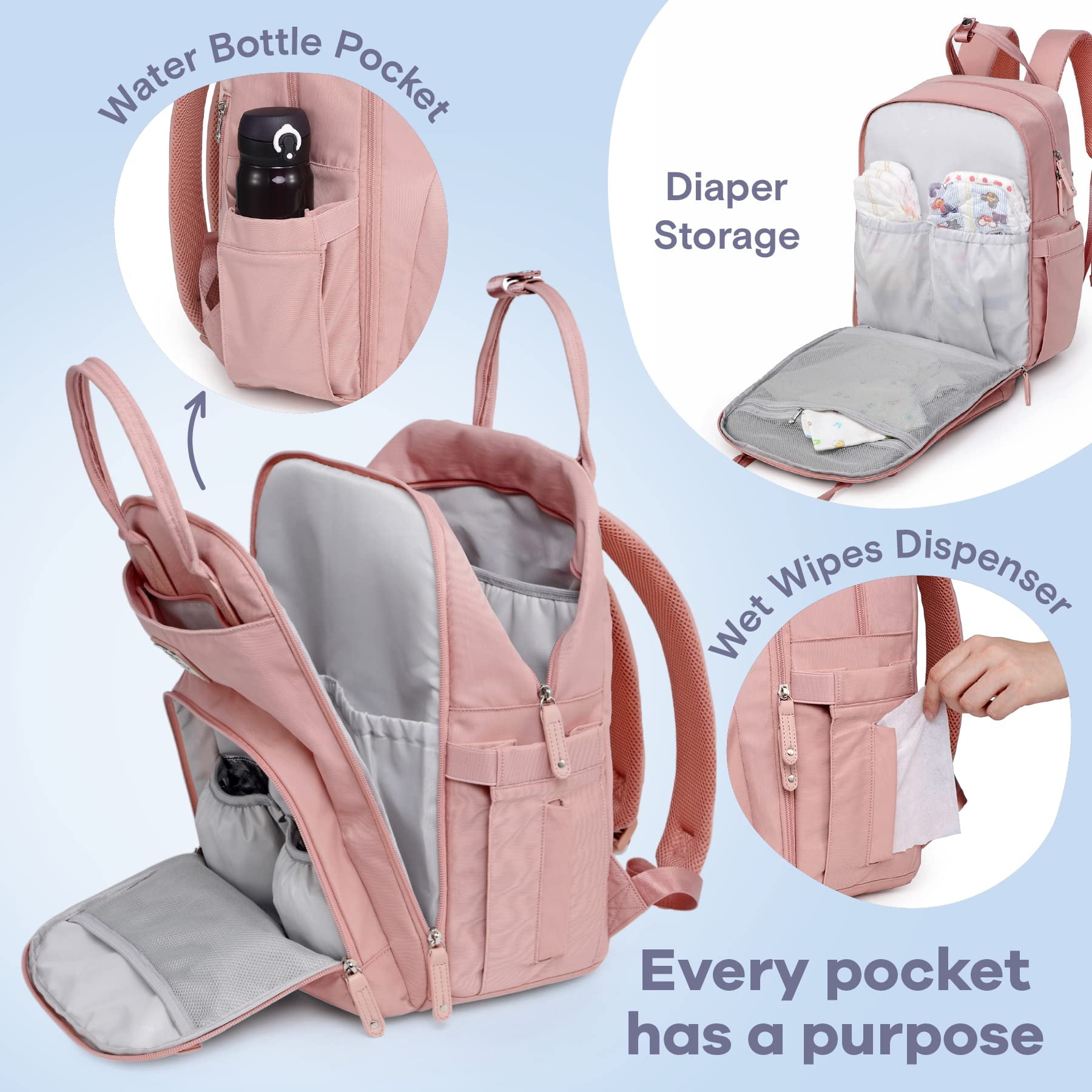 Ruvalino Baby Diaper Backpack for Infants and Toddlers, Large Capacity Travel Organizer with Insulated Bottle Pockets, Waterproof, Pink