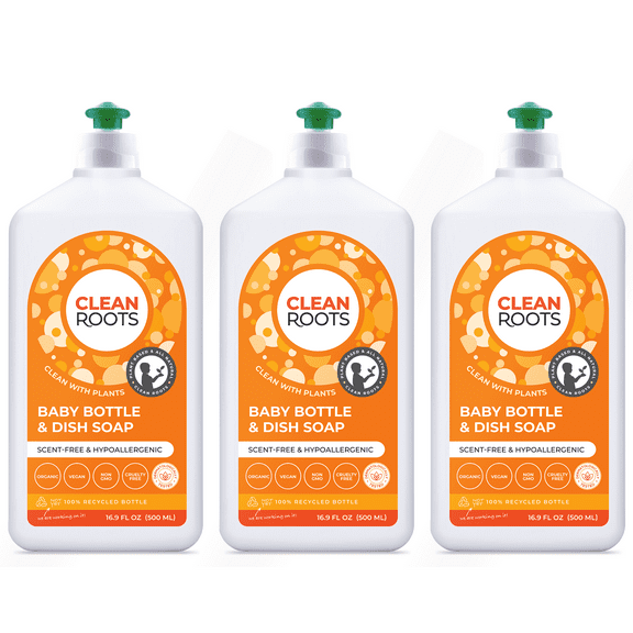 Clean Roots Baby Bottle & Dish Soap, EcoGarantie Certified 100% Organic & Natural, Scent-Free & Hypoallergenic, Dermatologically Tested & Approved - Pack of Three 16.9 fl oz (500 mL) Bottles