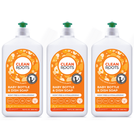 Clean Roots Baby Bottle & Dish Soap, EcoGarantie Certified 100% Organic & Natural, Scent-Free & Hypoallergenic, Dermatologically Tested & Approved - Pack of Three 16.9 fl oz (500 mL) Bottles