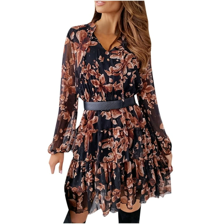 Tejiojio Womens Fall Fashion 2023 Women's Spring Autumn Funny Bandage  Printing V-neck Chiffon Long Sleeve Dress - Walmart.com