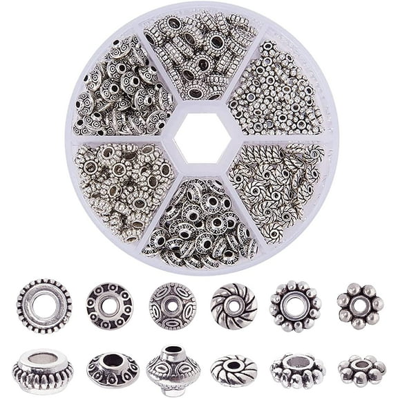 PH 300pcs 6 Style Silver Spacer Beads Tibetan Metal Alloy Tube Spacers Flower Flat Rondelle Small Loose Beads for Bracelet Necklace Earring Jewelry Making Supplies