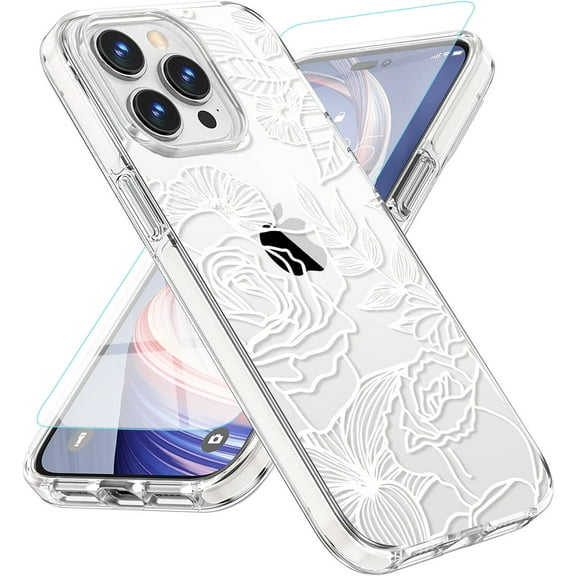 Circlemalls iPhone 14 Case, [With Tempered Glass Screen Protector], Shockproof Protective Bumpers Cover-White Flower