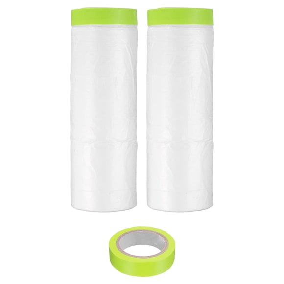 Pre-Taped Masking Film, 4.9ft x 66ft with 2 Extra Painters Tape, Plastic Drop Cloth with High-Tack Painters Tape for Painting Protection, Green, 2Pcs