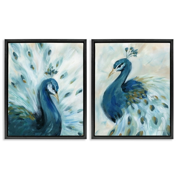Stupell Industries Gentle Pretty Peacocks Animals Painting Black Floater Framed Canvas Art Print Wall Art, 17 x 21, Set of 2