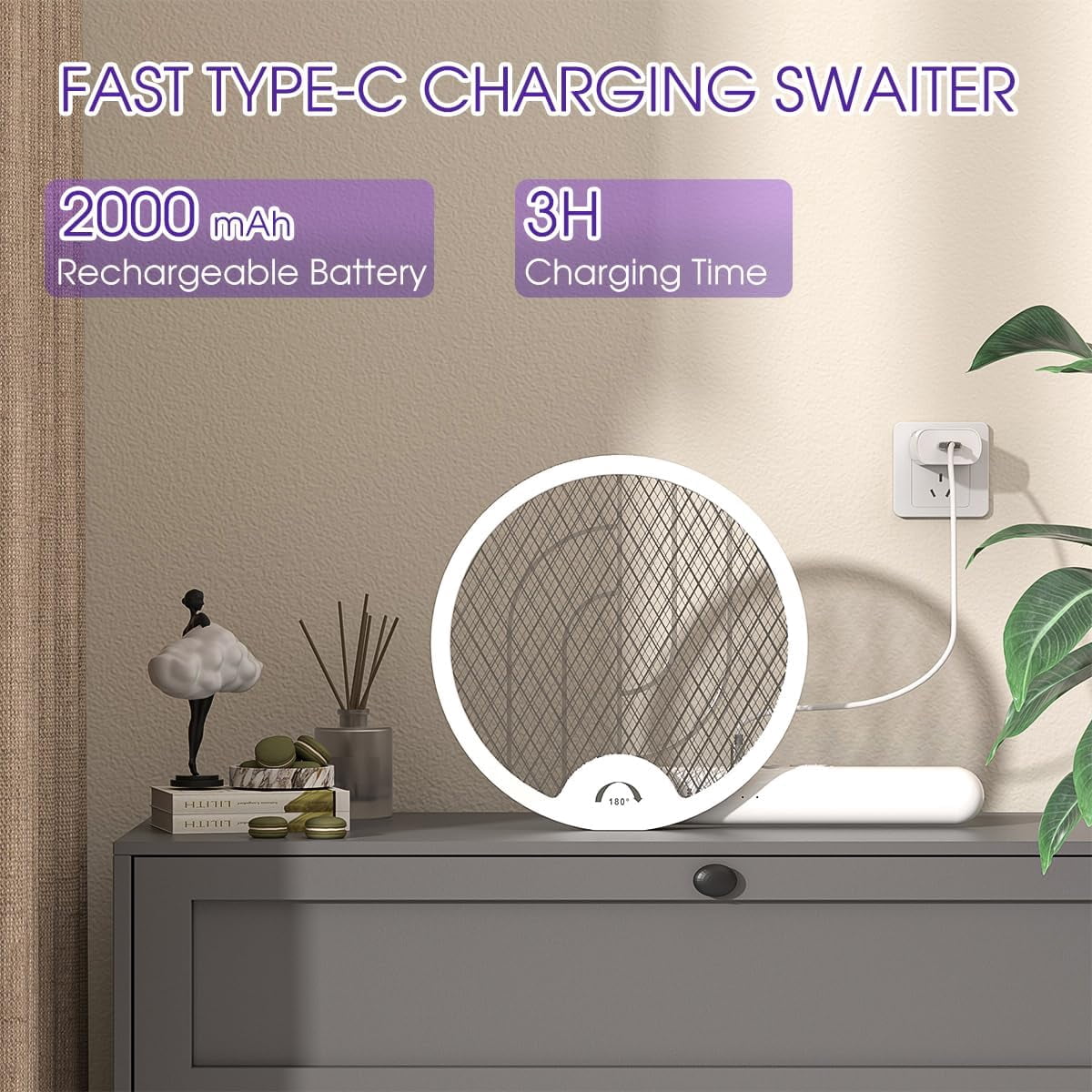 XZtimes 4000V Electric Fly Swatter USB Rechargeable Bug Zapper Racket with 1200mAh Battery