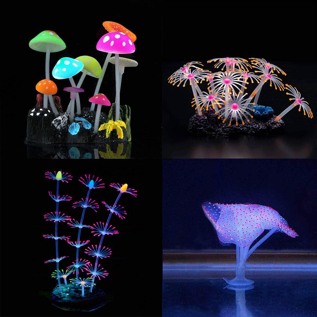 Glow Aquarium Decorations,Fish Tank Deco,Simulation Glow Plant Silicone for Fish Tank Decorations,Coral Reef,Anemone,Mushroom,Floating Plants,4 Pack