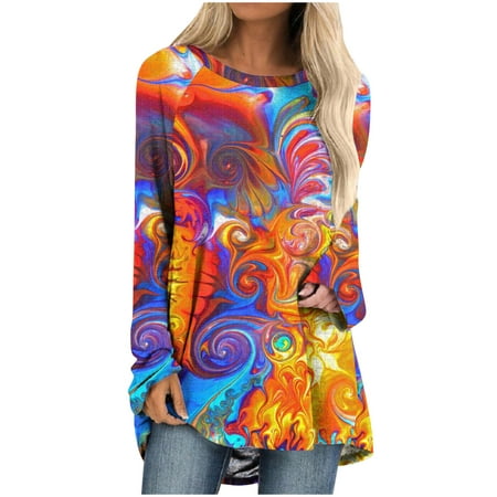 

HTNBO Womens Long Sleeve Tunics Fall Loose Fittd Casual Novel Printed O Neck Shirts Scrub Tops Print Autumn Savings