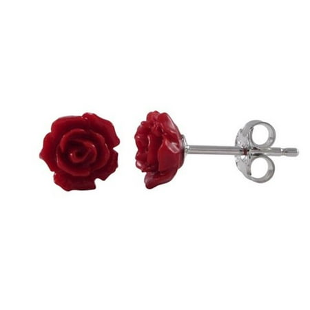 Red Flower Earrings - 7 mm Red Flower on Rhodium Plated Sterling Silver Post Stud Earrings
