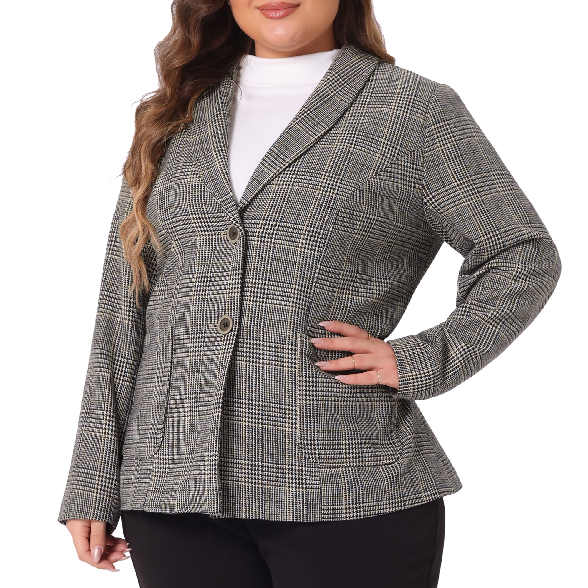 DARING DIVA Women's Plus Plaid Lapel Jacket Work Single Breasted Blazers Black Brown 1X