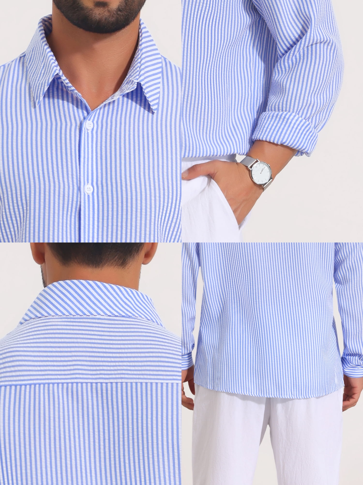 DARING DIVA Men's Seersucker Long Sleeve Button Down Textured Striped Shirts L Blue