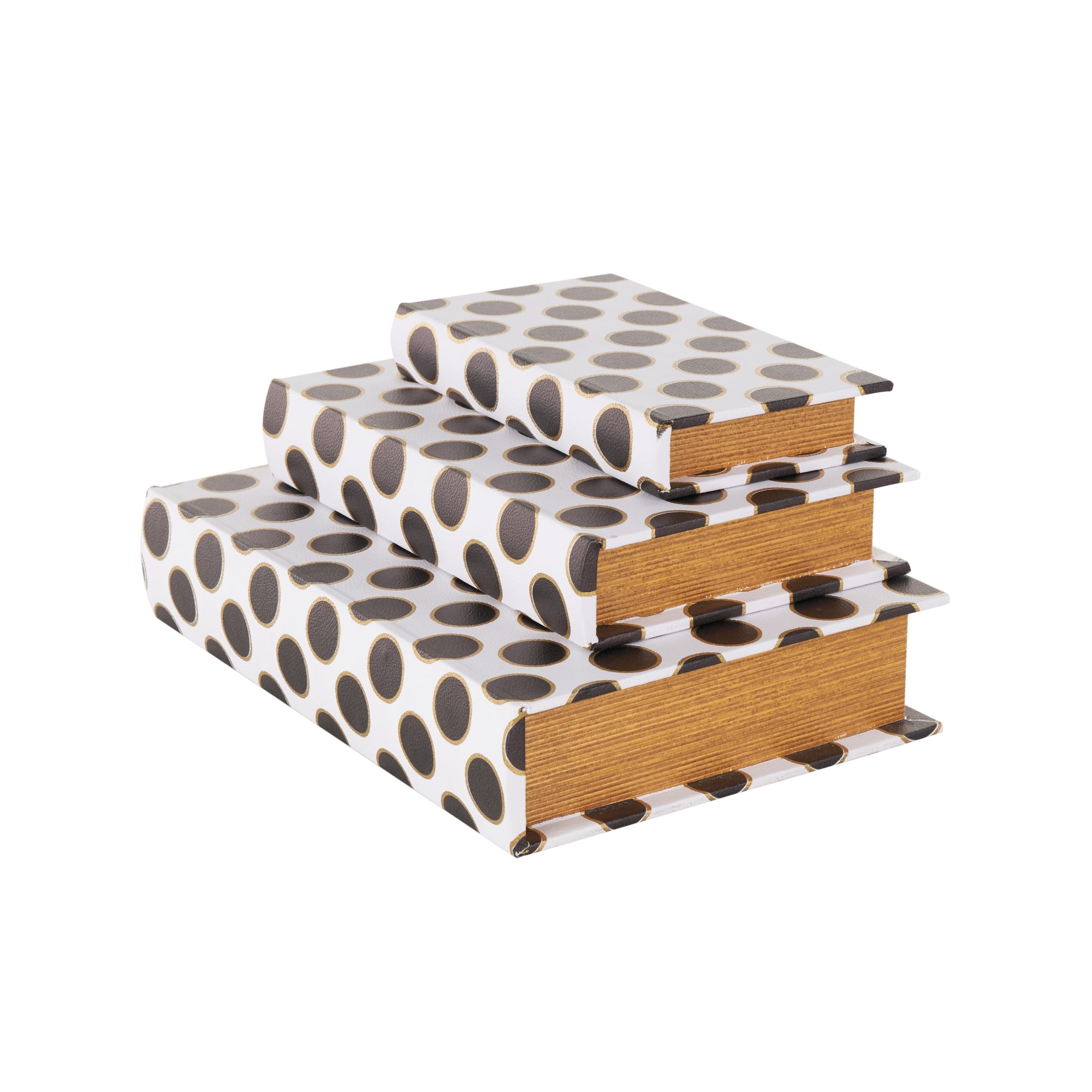 DecMode Polka Dot Faux Book Storage White Faux Leather Decorative Box with Black and Metallic Gold Accents, 3 Count