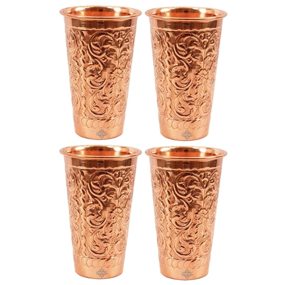 Pure Copper Handmade Designer Embossed Big Glass Tumbler Set Of 4 - 525ml Each, Brown | Drinkware & Serveware, Good For Health - Copper Glass For Daily Use & Gifting, Easy To Carry