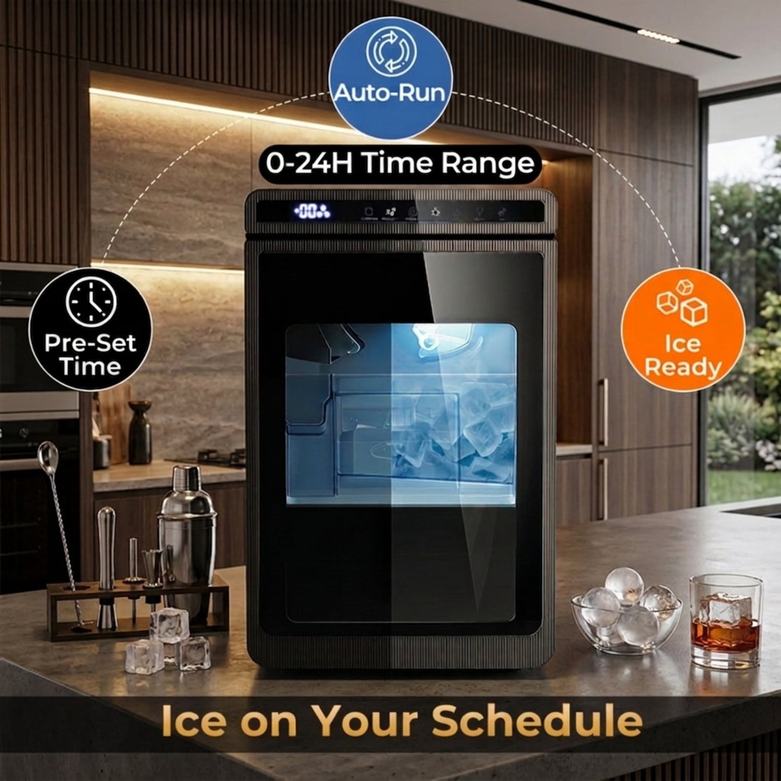 RUIE Clear Ice Cube Maker Countertop, 1.6 Inch Large Square Ice Machine 26 lbs/Day Self-Cleaning for Home Bar Kitchen Office, Silver