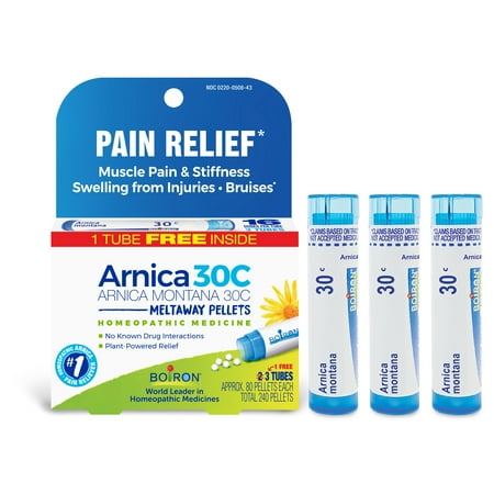 Photo 1 of Boiron Arnica 30C Bonus Pack Pain Relief, Muscle Pain & Stiffness, Swelling from Injuries, Bruises, 3 x 80 Pellets exp---Oct-2025
