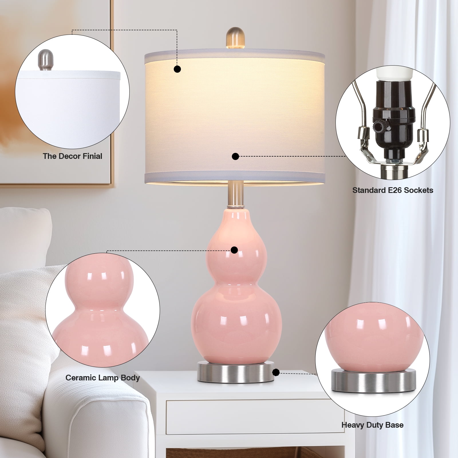 Cinkeda Pink Ceramic Table Lamp Set of 2 for Bedroom Living Room 22" Modern Double Gourd Nightstand Bedside Lamps with White Shade