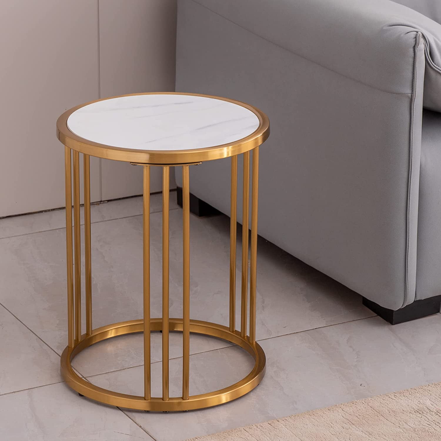 Sintered Stone Tabletop 15.7" Round End Table Golden Stainless Steel Frame Accent Table for Living Room and Bedroom