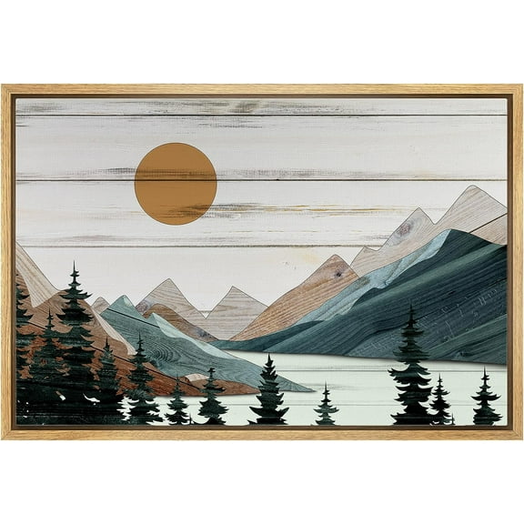 PixonSign Framed Canvas Print Wall Art Teal Mountain Pine Trees Nature Wilderness Digital Art Wood Panel Landscape Farmhouse/Country Relax/Calm/Cozy Geometric Abstract - 16"x24" Natural